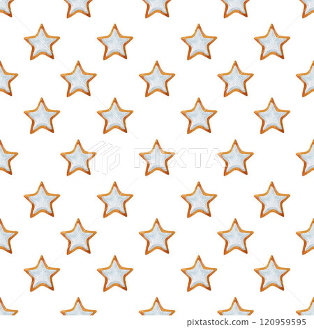 Christmas seamless pattern with star shaped gingerbread cookies on white background. Holiday endless pattern. Scrapbook paper, digital paper. Pattern for fabric, wrapping paper. 120959595