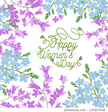 Happy women's day greeting card. Postcard on March 8 with flowers. Hand drawn. Not AI, Vector illustration 120959596