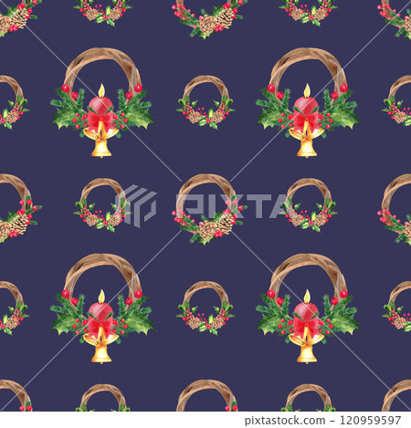 Watercolor hand drawn merry christmas seamless pattern with wreaths, holly, candle, jingle bells. Holiday pattern for fabric, scrapbook paper, wrapping. Digital paper. Dark blue background 120959597