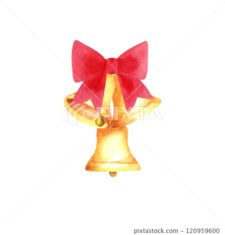 Christmas golden bells and red bow watercolor hand drawn illustration isolated on white background. Holiday decorations. Perfect for print, textile, paper. Christmas golden bells and red bow watercolor hand drawn illustration isolated on white background. Holiday decorations. Perfect for print, textile, paper. 120959600