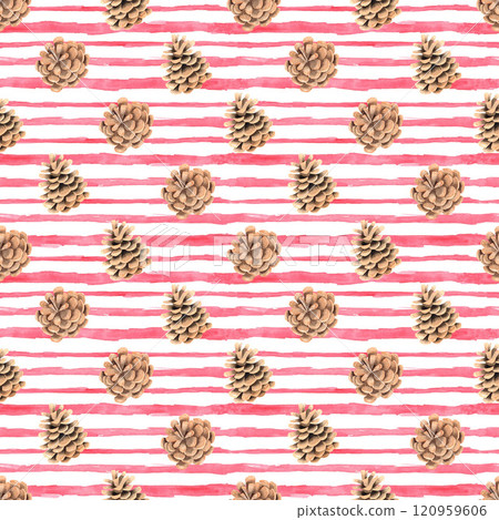 Watercolor merry christmas seamless pattern with pine cones on red stripes background. Winter mood. Holiday pattern. Scrapbook paper, digital paper. Watercolor merry christmas seamless pattern with pine cones on red stripes background. Winter mood. Holiday pattern. Scrapbook paper, digital paper. 120959606