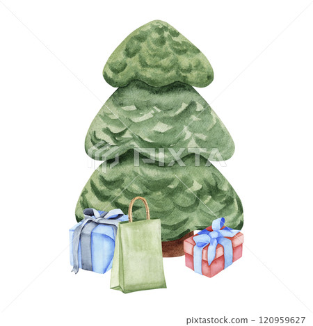 Christmas tree with gifts. Watercolor illustration of a Christmas tree with surprises. Hand-drawn drawings for your design 120959627