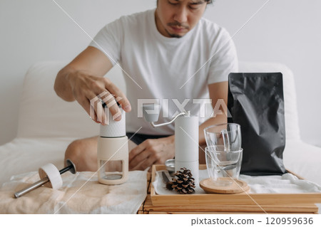 Step by step of man making espresso with hand press tools. Step by step of man making espresso with hand press tools. 120959636