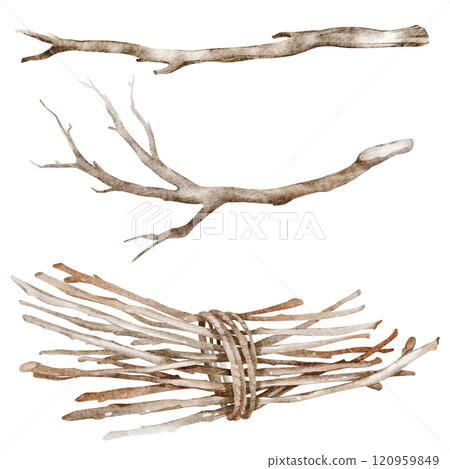 Watercolor illustration of tied wooden sticks and twigs. Rustic background featuring chopped and seasoned firewood for eco-friendly or rural lifestyle, projects. Perfect for creative decor concepts. Watercolor illustration of tied wooden sticks and twigs. Rustic background featuring chopped and seasoned firewood for eco-friendly or rural lifestyle, projects. Perfect for creative decor concepts. 120959849