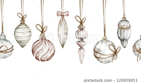 Watercolor holiday illustration with Christmas decorations. Isolated clip art of handmade decorations and presents for posters or wallpapers. Ideal for festive Christmas and New Year designs. Watercolor holiday illustration with Christmas decorations. Isolated clip art of handmade decorations and presents for posters or wallpapers. Ideal for festive Christmas and New Year designs. 120959851