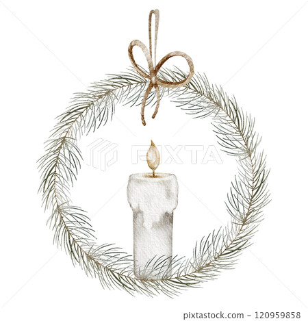 Watercolor spruce Christmas wreath illustration. Hand-drawn festive design with evergreen branches, candle, and decorative elements. Perfect for holiday cards and rustic seasonal projects. 120959858