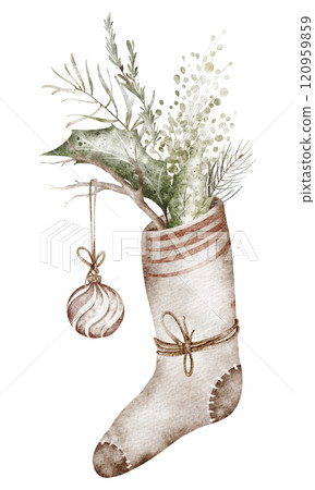 Christmas festive watercolor illustration. Hand-drawn sock with holly sprigs with evergreen leaves perfect for holiday cards or winter invitations. Traditional botanical art on an isolated background. Christmas festive watercolor illustration. Hand-drawn sock with holly sprigs with evergreen leaves perfect for holiday cards or winter invitations. Traditional botanical art on an isolated background. 120959859