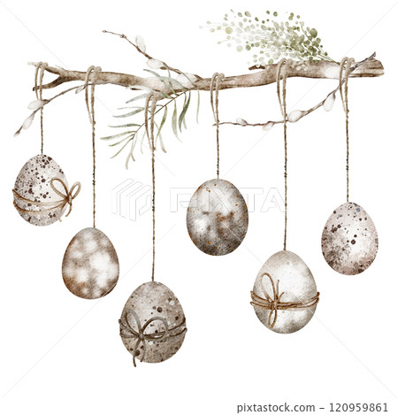 Watercolor illustration of Easter eggs on willow twigs. Elegant hand-drawn composition for springtime celebration cards and invitations. Perfect for holiday designs with traditional Christian themes. 120959861