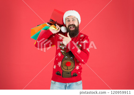 Home shopping. men are goal oriented. Male Shopper. shopping expectations. happy bearded man new year present. gift packages from santa. xmas winter style. online christmas shopping for men 120959911