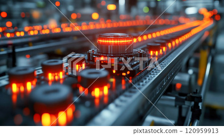 Industrial conveyor system transporting glowing battery cells in a modern manufacturing facility 120959913