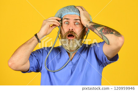 Brutal doctor worried about head health. Medical help and consultation. scared doctor use phonendoscope. Feeling Unwell. new virus spreads from China. oh my god. coronavirus epidemic disease 120959946