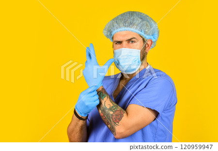Man In Hospital. medical test for vaccine. new virus immunity. coronavirus in China. epidemic is rapid spread of infection disease. healthcare. man doctor wear rubber gloves. nurse in respirator mask 120959947