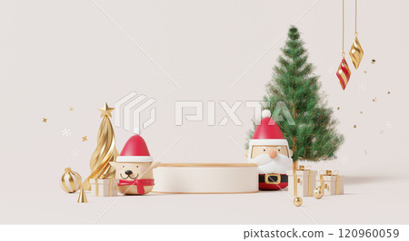 3D render, Merry Christmas and happy new year background with empty podium, santa, golden decorations, gifts, and a green tree. 3D render, Merry Christmas and happy new year background with empty podium, santa, golden decorations, gifts, and a green tree. 120960059