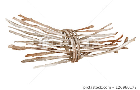 Watercolor illustration of tied wooden sticks and twigs. Rustic background featuring chopped and seasoned firewood for eco-friendly or rural lifestyle, projects. Perfect for creative decor concepts. Watercolor illustration of tied wooden sticks and twigs. Rustic background featuring chopped and seasoned firewood for eco-friendly or rural lifestyle, projects. Perfect for creative decor concepts. 120960172