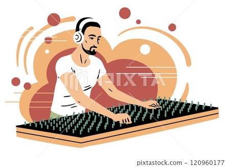 Young man with a music mixing console Young man with a music mixing console 120960177