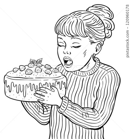A little girl greedily eats a sweet cake 120960178