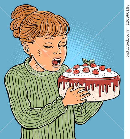 A little girl greedily eats a sweet cake A little girl greedily eats a sweet cake 120960186