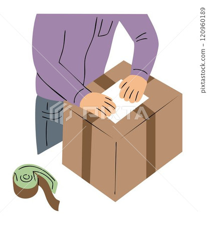 A man sticks a delivery note on a box 120960189