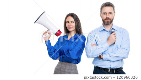 businesspeople announce a problem. attention please. businesspeople with loudspeaker announce business. new business announcement. boss and manager isolated on white. Promotional materials businesspeople announce a problem. attention please. businesspeople with loudspeaker announce business. new business announcement. boss and manager isolated on white. Promotional materials 120960326