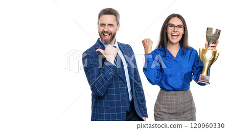 Successful business woman man in suit hold champion cup. Business reward and success. Business success. Two businesspeople on business successful meeting isolated on white. Point finger 120960330