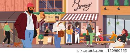 People citizen walking over city landscape with street of small business store and market facade 120960365