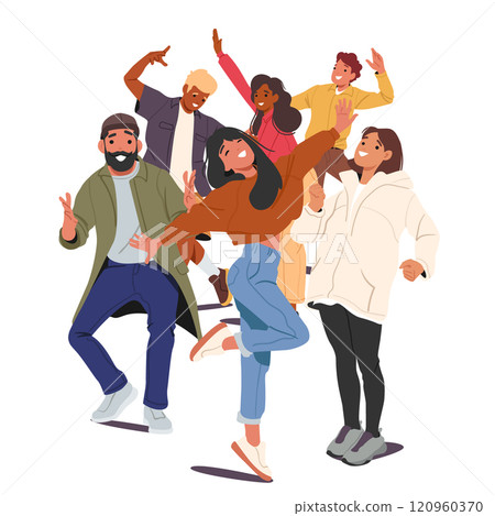 Happy joyful multiracial friends posing in different pose expressing positive emotions cartoon scene 120960370