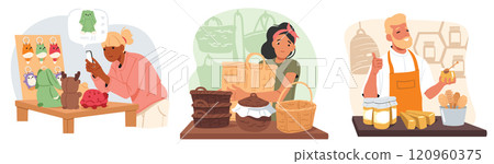 Handicraft toy master, craftswoman wicker basket weaver, apiarist showcasing products scene 120960375