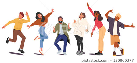 Happy trendy fashion guys and girls cartoon characters standing in row isolated on white background 120960377
