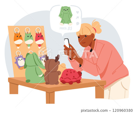 Woman toy master shooting photo video content for internet shop or online market cartoon scene Woman toy master shooting photo video content for internet shop or online market cartoon scene 120960380