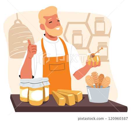 Small business owner selling honey in jar promoting organic homemade apiculture products scene 120960387