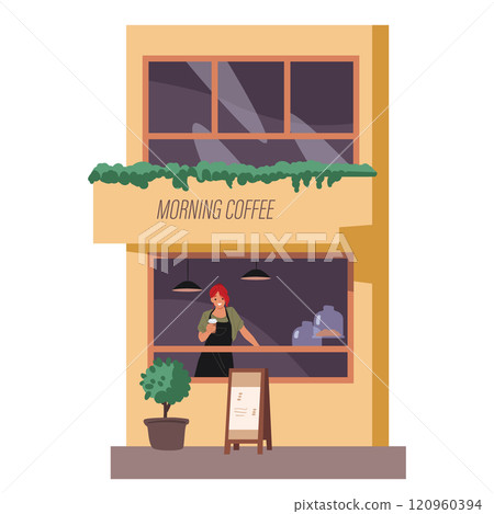 Woman vendor cartoon character selling morning hot drink at outdoor street local coffee shop 120960394