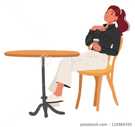 Relaxed young woman cartoon character drinking coffee sitting at outdoor cafe isolated on white 120960395