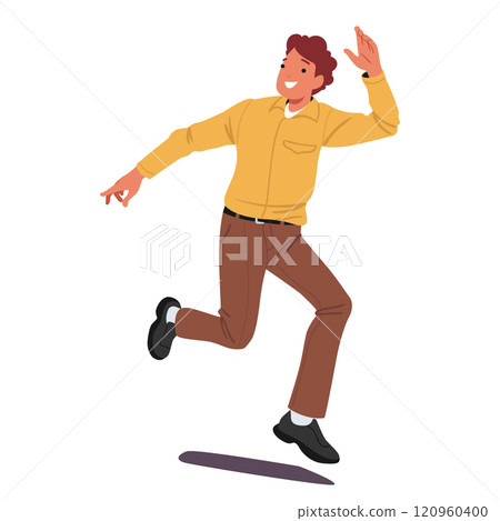 Happy young man cartoon character waving hand hello gesture and running isolated on white background Happy young man cartoon character waving hand hello gesture and running isolated on white background 120960400