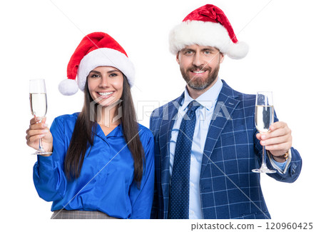merry christmas to smiling business couple in studio. business christmas celebration of couple 120960425