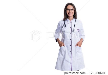 Healthcare and medicine concept. healthcare worker in clinic isolated on white. medical service. physician at healthcare office. Medical staff. doctor or nurse in hospital. Medicine efficacy 120960601
