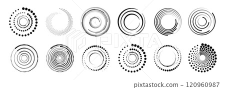Halftone circular dotted frames set. Set of black thick halftone dotted speed lines. Speed lines in circle form. Geometric art. Vector 120960987