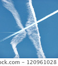 Gaseous trails of airplanes in the blue sky in Milan, Italy, in 2023.. 120961028