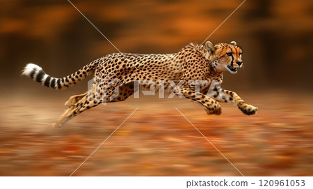 cheetah dashes golden savannah embodying power and grace. animal's sleek form captured mid run highlighting its impressive speed blurred backdrop. 120961053