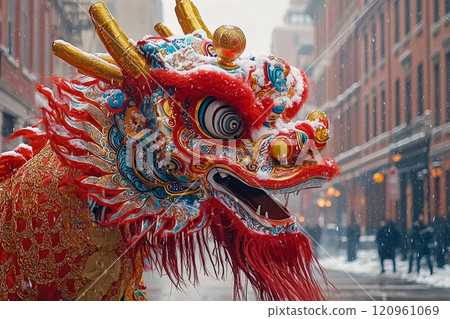 Performers colorful dragon costume bring life streets Chinese New Year festivities dynamic movements and bright colors. performance showcases rich cultural heritage. 120961069