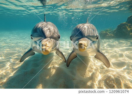Dolphins interact playfully bright clear water warm afternoon sun. Their joyful movements display intelligence and curiosity these remarkable creatures. Dolphins interact playfully bright clear water warm afternoon sun. Their joyful movements display intelligence and curiosity these remarkable creatures. 120961074