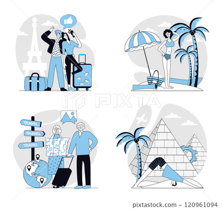 Travelling concept set in flat design for web. Collection with people go in vacation in France or Egypt, visiting sea beach, hiking and trekking, resting in trip and sightseeing. Vector illustrations. 120961094