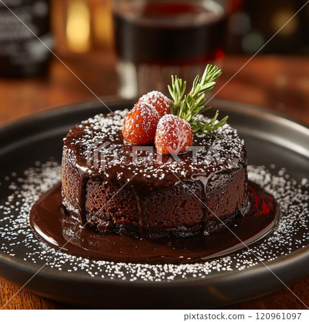 decadent molten chocolate lava cake sits elegantly black plate topped powdered sugar and garnished fresh strawberries. 120961097