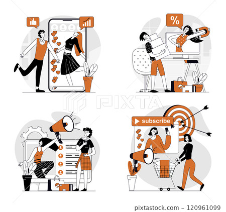 Social media marketing concept set in flat design for web. Collection with people making online advertising with influencers for targeting audience, customers making purchases. Vector illustrations. 120961099
