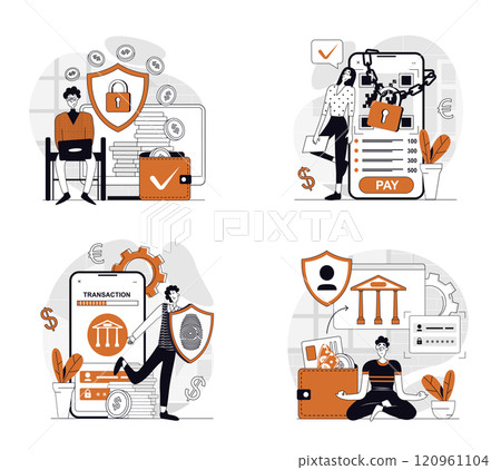 Secure payment concept set in flat design for web. Collection with people making internet shopping and ordering with online paying with protect shield service for saving money. Vector illustrations. Secure payment concept set in flat design for web. Collection with people making internet shopping and ordering with online paying with protect shield service for saving money. Vector illustrations. 120961104