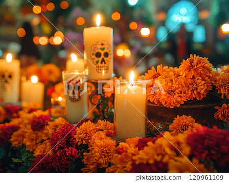 Altars adorned vibrant marigolds and decorative candles create respectful atmosphere honoring ancestors Day Dead festivities evening. 120961109