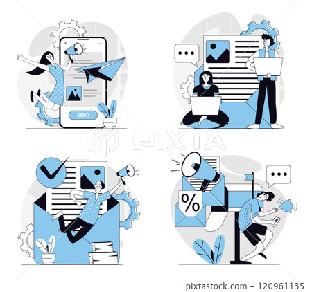 Email marketing concept set in flat design for web. Collection with people with megaphones doing online advertising with digital letters, sending promo information to mailboxes. Vector illustrations. 120961135
