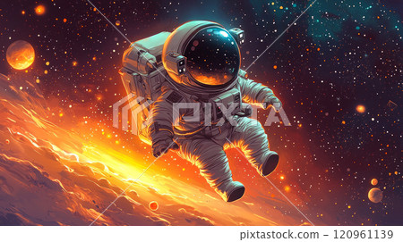 whimsical popcorn kernel dressed as astronaut floats outer space. 120961139