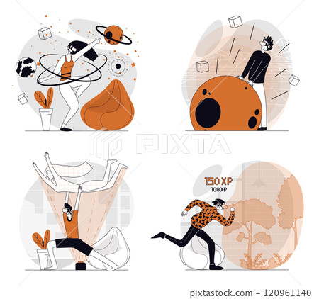 Cyberspace concept set in flat design for web. Collection with people in VR headsets interacting with virtual reality, playing games with cyber space and hologram simulation. Vector illustrations. 120961140