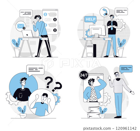 Customer service concept set in flat design for web. Collection with people answering clients calling, chatting online and helping, consulting online, solving technical problems. Vector illustrations. Customer service concept set in flat design for web. Collection with people answering clients calling, chatting online and helping, consulting online, solving technical problems. Vector illustrations. 120961142