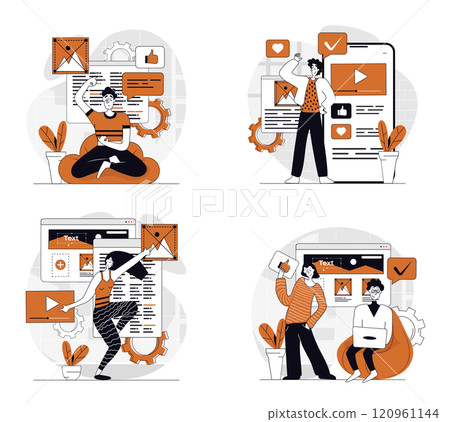 Content manager concept set in flat design for web. Collection with people creating text, photos, images, videos and other graphic contents for webpage filling and online posts. Vector illustrations. 120961144